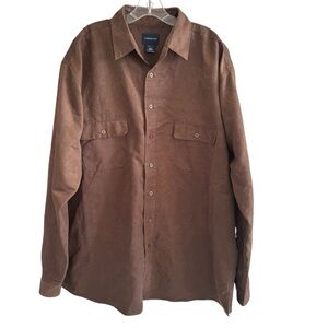 Harbor Bay Faux Suede Button Up Shirt 1XL Tall Brown Long Sleeve Western Casual
